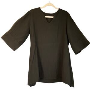 Fridaze Womens L Black 100% Linen Pullover Tunic 3/4 Sleeves V Neck Vacation